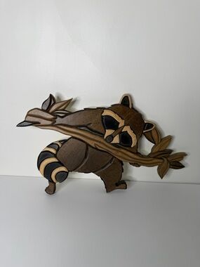 Handcrafted Brown Raccoon Wall Art - Wooden Intarsia